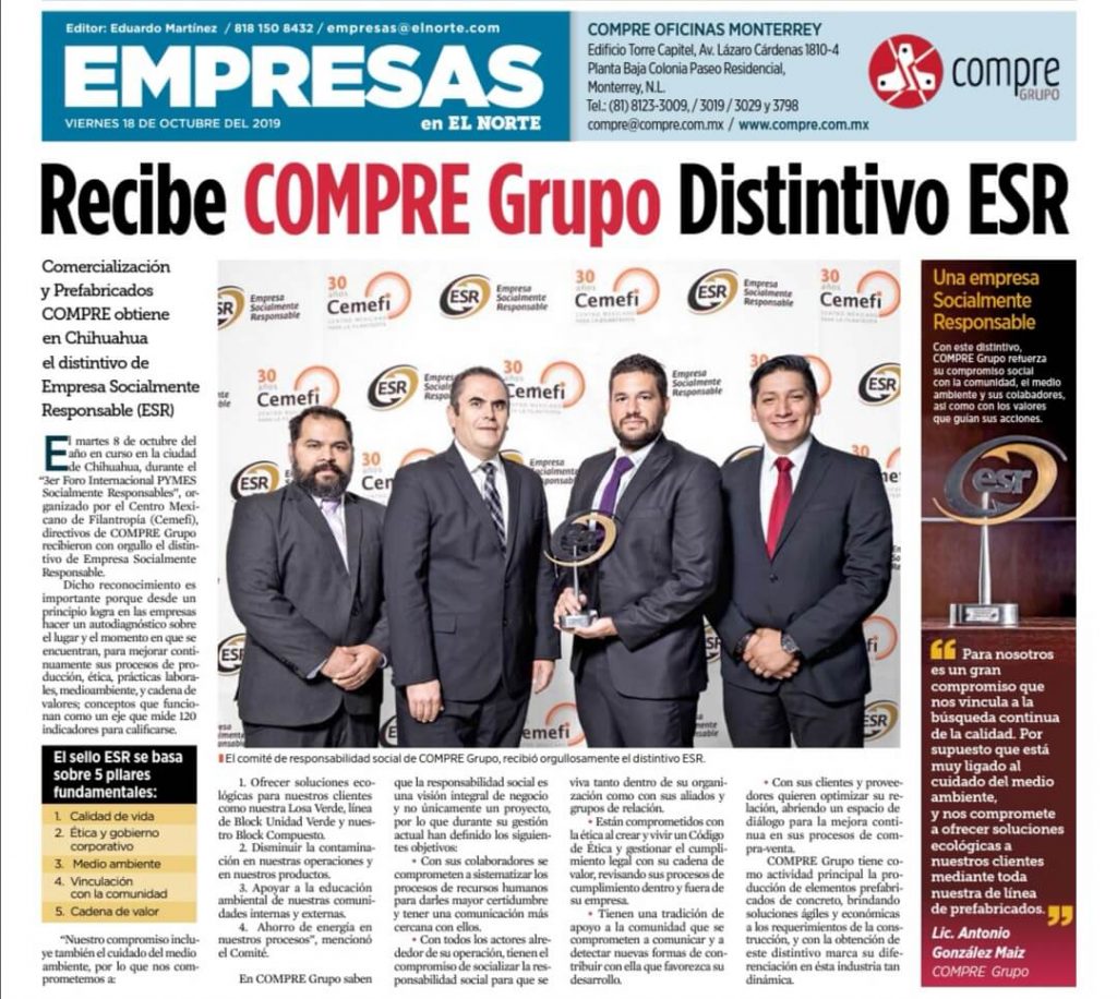 Recibe GRUPO COMPRE distintivo ESR